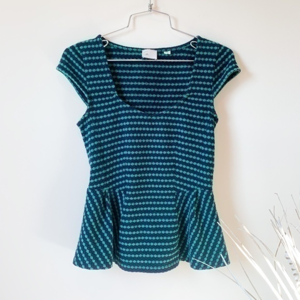 Anthropologie Navy Blue Green Peplum Top sz XS